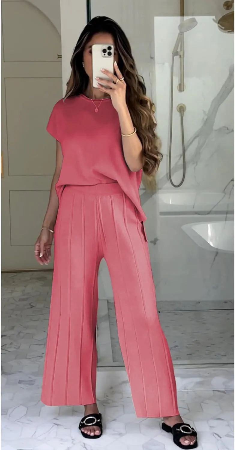 2 Piece Outfits for Women Sweater Sets Knit Vest Tops Elastic Waisted Pants