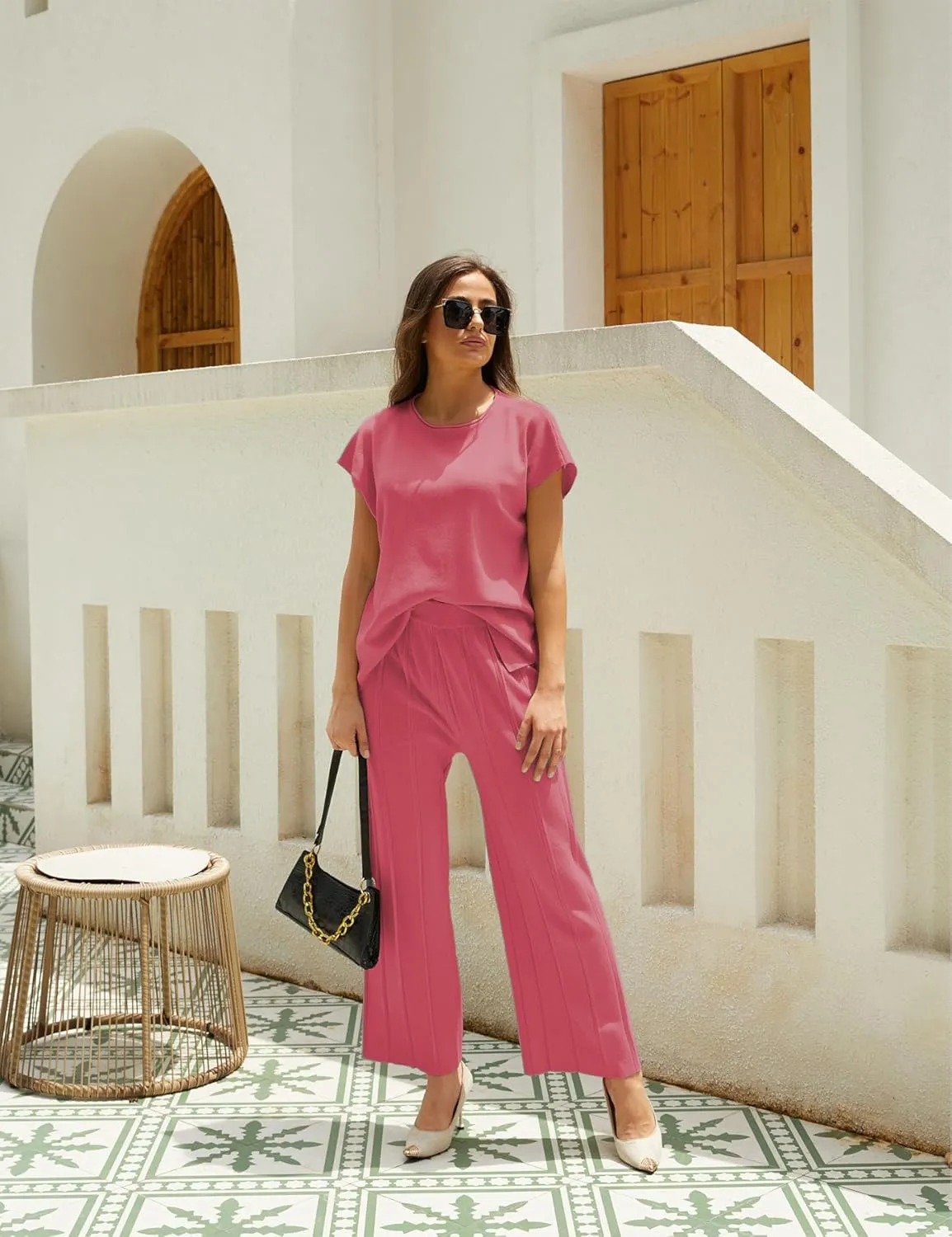 2 Piece Outfits for Women Sweater Sets Knit Vest Tops Elastic Waisted Pants