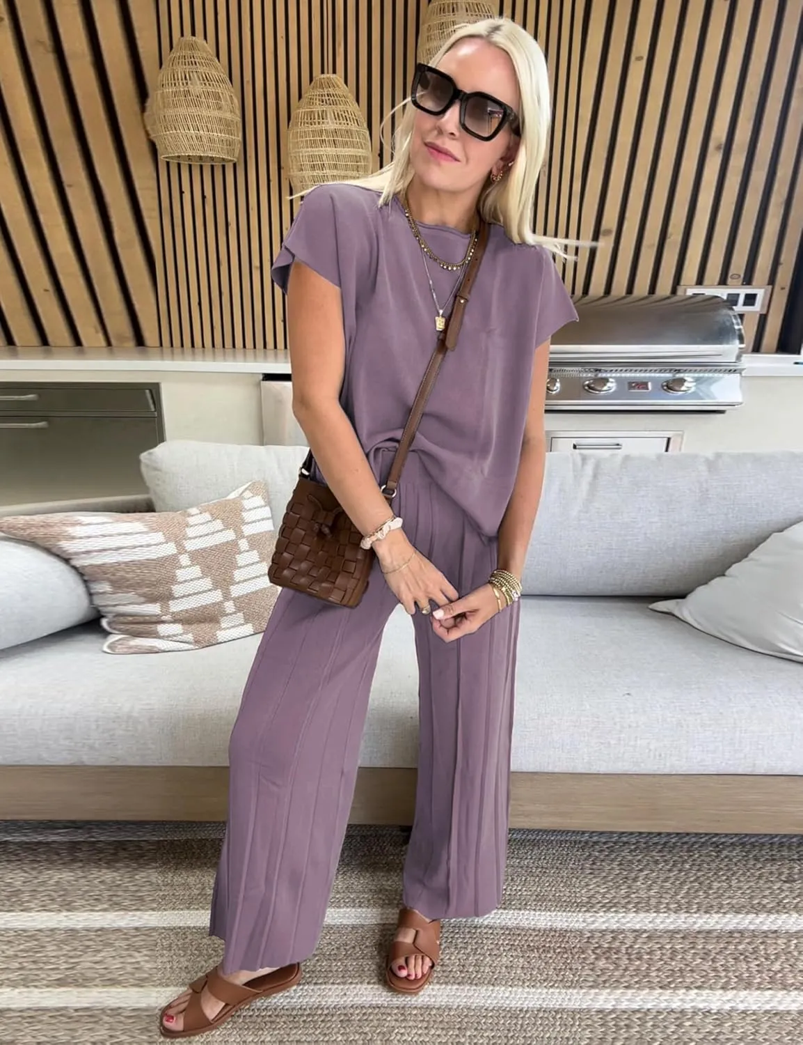 2 Piece Outfits for Women Sweater Sets Knit Vest Tops Elastic Waisted Pants