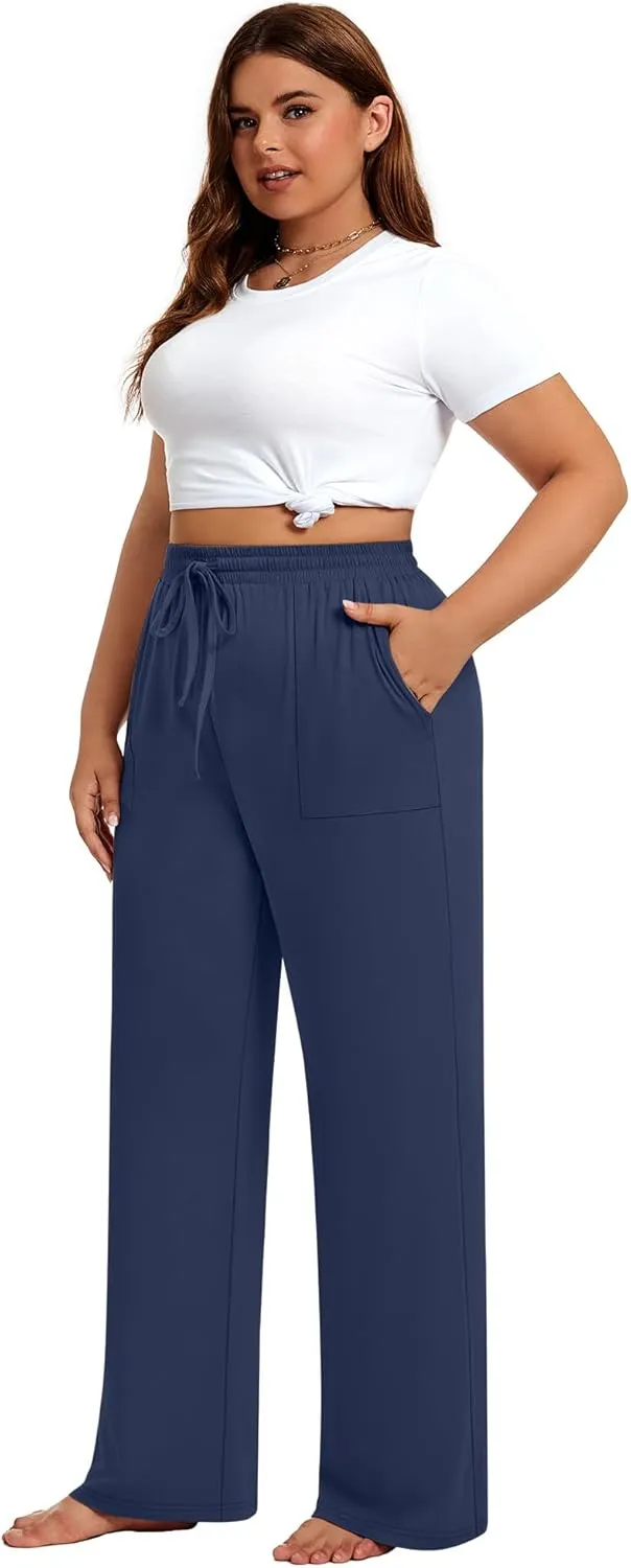 3 Pack Plus Size Pants for Women Wide Leg Casual Pant Drawstring Stretchy Waist Trousers with Pockets