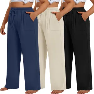 3 Pack Plus Size Pants for Women Wide Leg Casual Pant Drawstring Stretchy Waist Trousers with Pockets