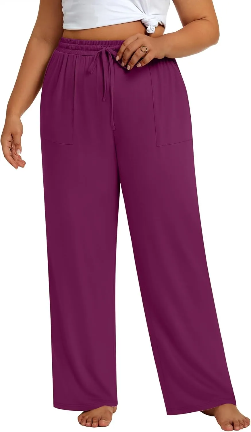 3 Pack Plus Size Pants for Women Wide Leg Casual Pant Drawstring Stretchy Waist Trousers with Pockets