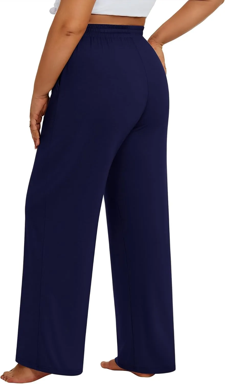 3 Pack Plus Size Pants for Women Wide Leg Casual Pant Drawstring Stretchy Waist Trousers with Pockets