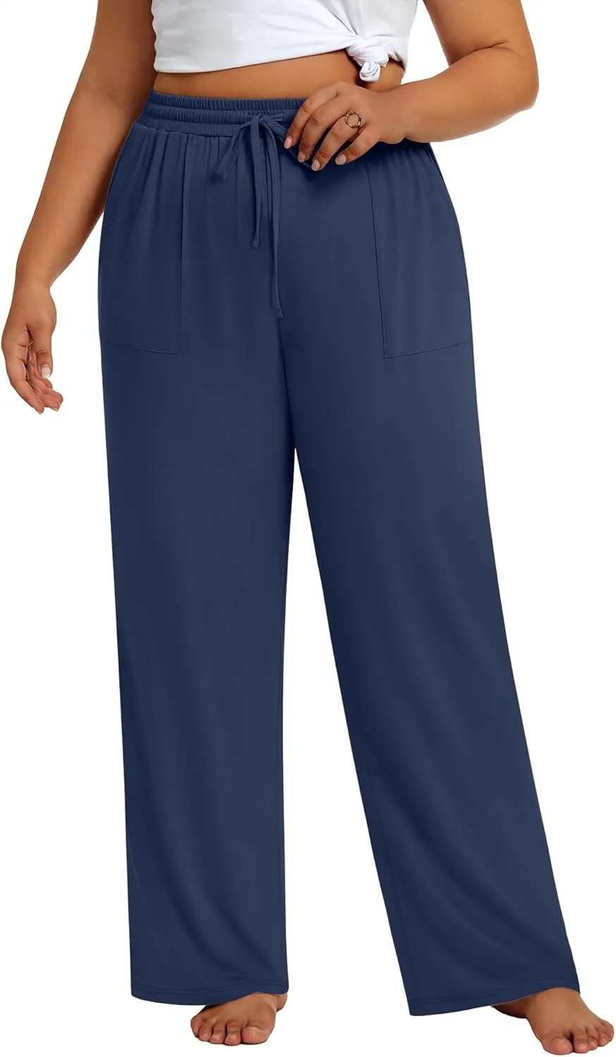 3 Pack Plus Size Pants for Women Wide Leg Casual Pant Drawstring Stretchy Waist Trousers with Pockets