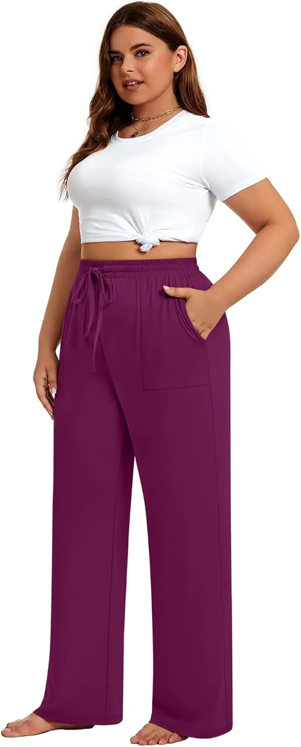 3 Pack Plus Size Pants for Women Wide Leg Casual Pant Drawstring Stretchy Waist Trousers with Pockets