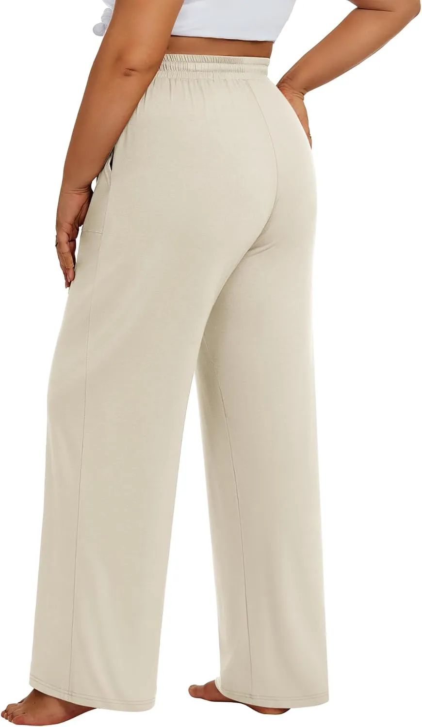 3 Pack Plus Size Pants for Women Wide Leg Casual Pant Drawstring Stretchy Waist Trousers with Pockets