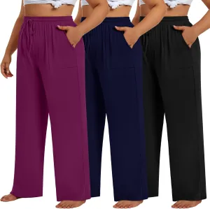 3 Pack Plus Size Pants for Women Wide Leg Casual Pant Drawstring Stretchy Waist Trousers with Pockets