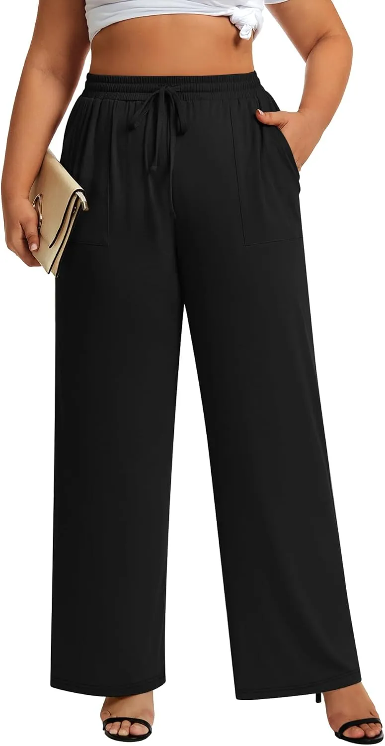 3 Pack Plus Size Pants for Women Wide Leg Casual Pant Drawstring Stretchy Waist Trousers with Pockets
