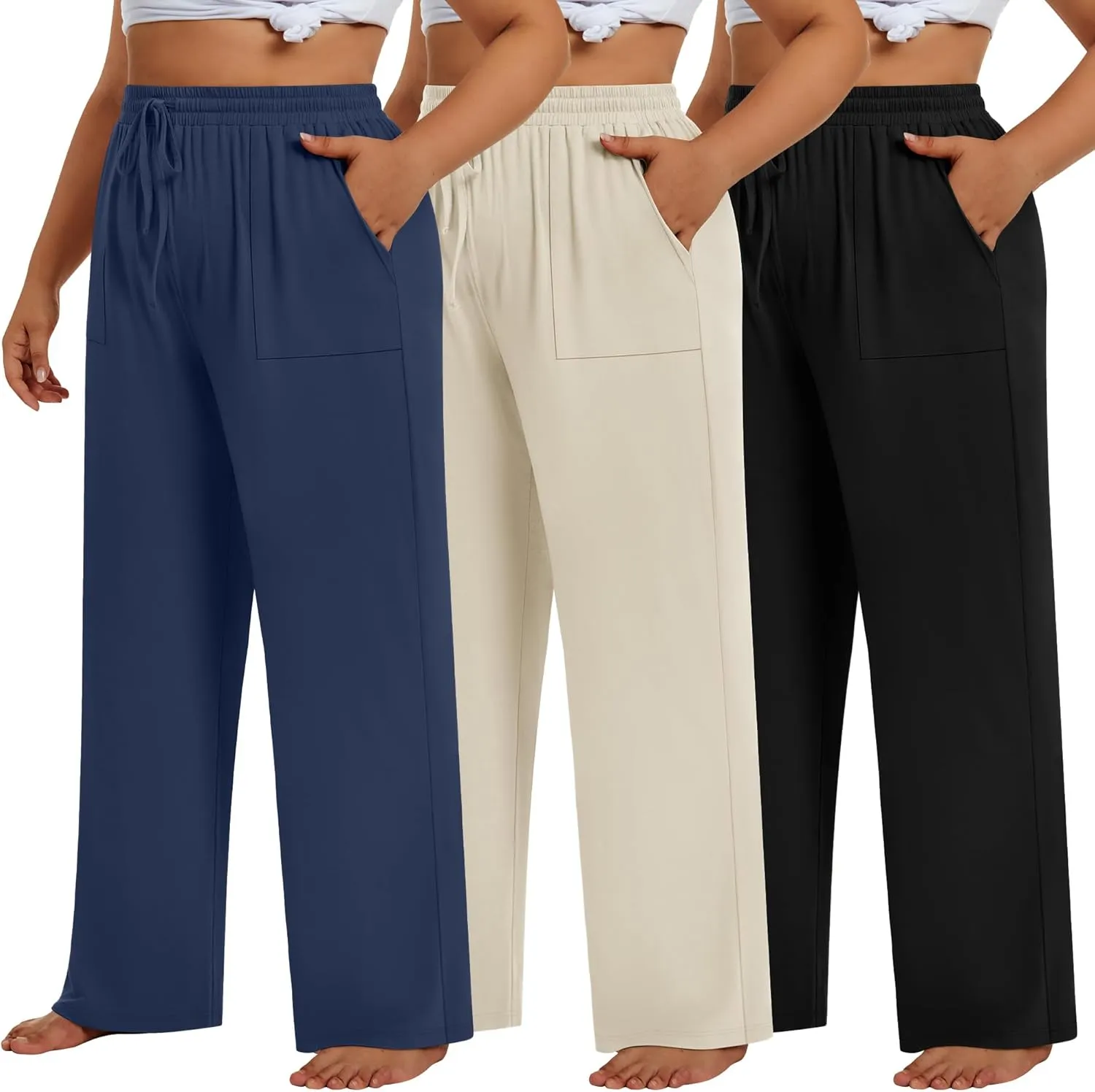 3 Pack Plus Size Pants for Women Wide Leg Casual Pant Drawstring Stretchy Waist Trousers with Pockets