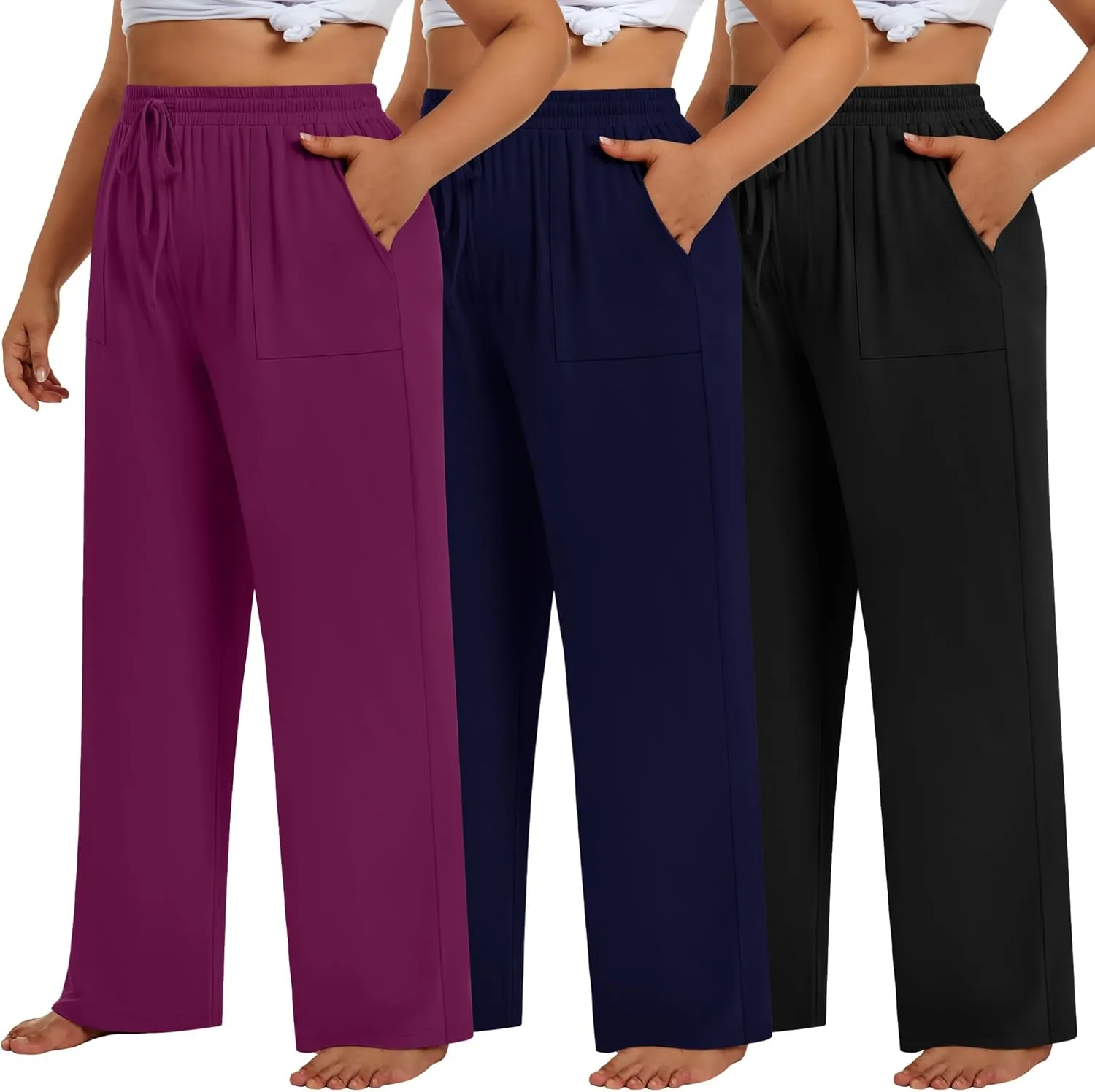 3 Pack Plus Size Pants for Women Wide Leg Casual Pant Drawstring Stretchy Waist Trousers with Pockets