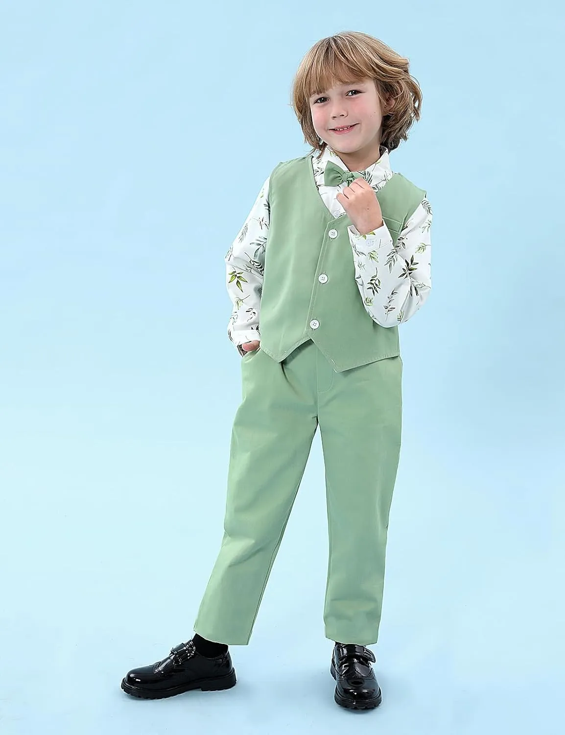 A&J DESIGN 4pcs Baby & Toddler Boy Print Suit Set for 12 Months - 5T, Shirt & Pants & Vest & Bow Tie