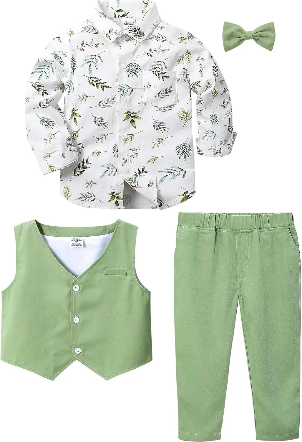 A&J DESIGN 4pcs Baby & Toddler Boy Print Suit Set for 12 Months - 5T, Shirt & Pants & Vest & Bow Tie