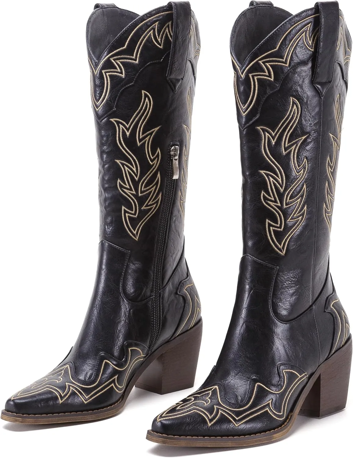 ADAMUMU Womens Wide Calf Cowboy Boots Classic Western-Style Cowboys Boots for Women Pointed Toe Womens Cowgirl Boots with Chunky Heel Non-Slip Sole for Adding Timeless Elegance to Your Wardrobe