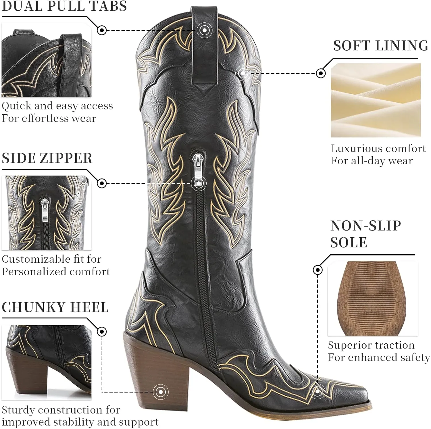 ADAMUMU Womens Wide Calf Cowboy Boots Classic Western-Style Cowboys Boots for Women Pointed Toe Womens Cowgirl Boots with Chunky Heel Non-Slip Sole for Adding Timeless Elegance to Your Wardrobe