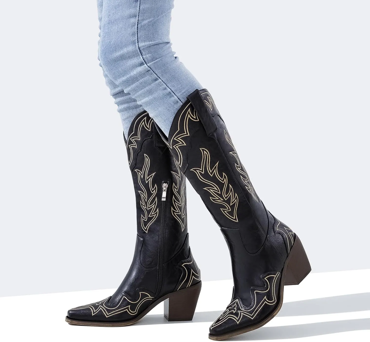 ADAMUMU Womens Wide Calf Cowboy Boots Classic Western-Style Cowboys Boots for Women Pointed Toe Womens Cowgirl Boots with Chunky Heel Non-Slip Sole for Adding Timeless Elegance to Your Wardrobe