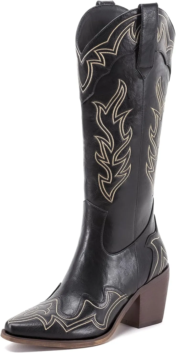 ADAMUMU Womens Wide Calf Cowboy Boots Classic Western-Style Cowboys Boots for Women Pointed Toe Womens Cowgirl Boots with Chunky Heel Non-Slip Sole for Adding Timeless Elegance to Your Wardrobe