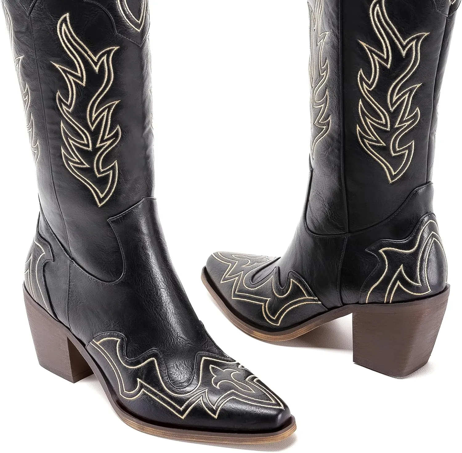 ADAMUMU Womens Wide Calf Cowboy Boots Classic Western-Style Cowboys Boots for Women Pointed Toe Womens Cowgirl Boots with Chunky Heel Non-Slip Sole for Adding Timeless Elegance to Your Wardrobe