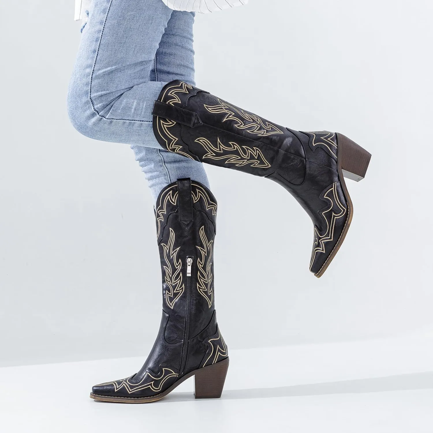 ADAMUMU Womens Wide Calf Cowboy Boots Classic Western-Style Cowboys Boots for Women Pointed Toe Womens Cowgirl Boots with Chunky Heel Non-Slip Sole for Adding Timeless Elegance to Your Wardrobe