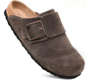 AEROTHOTIC Genuine Leather Clogs for Women with Arch Support Memory Foam Cork Footbed Indoor and Outdoor Adjustable Buckle Potato Shoes Comfortable Mules