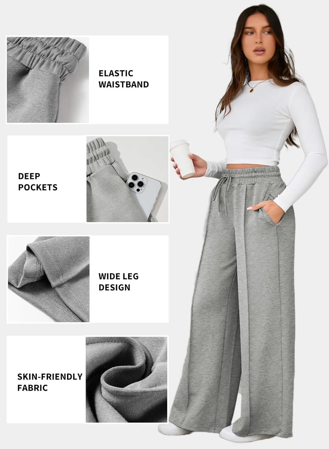 Aleumdr Women's High Waisted Drawstring Waist Wide Leg Sweatpants with Pockets Casual Loose Yoga Pants