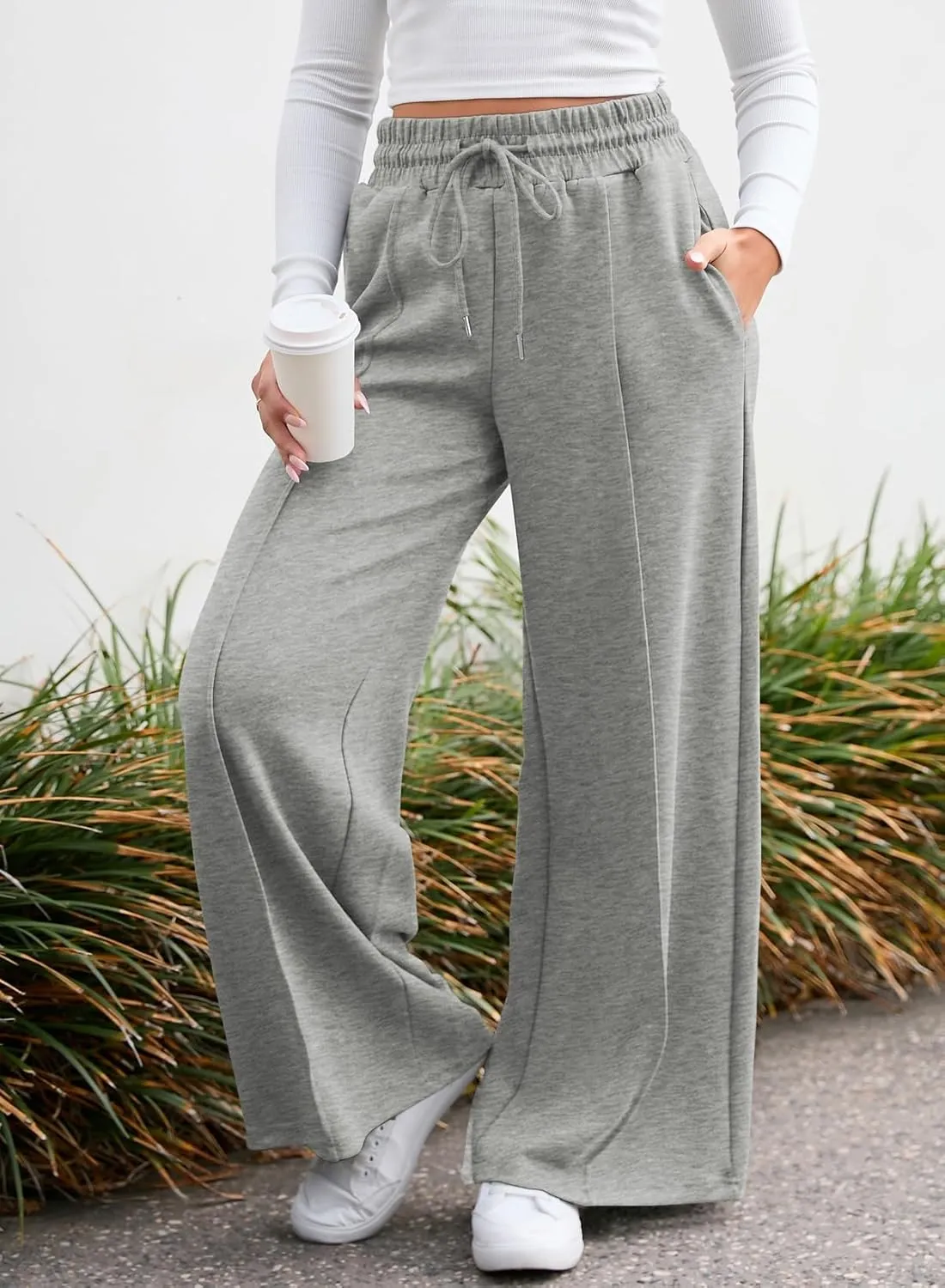 Aleumdr Women's High Waisted Drawstring Waist Wide Leg Sweatpants with Pockets Casual Loose Yoga Pants