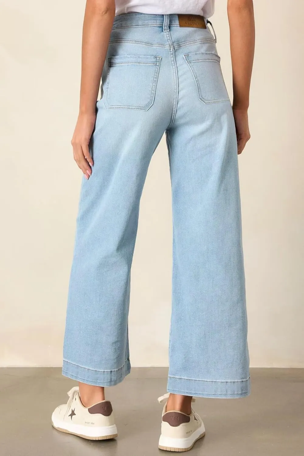 Allimy Women's High Waisted Cropped Wide Leg Jeans Stretchy Loose Denim Pants with Front Patch Pockets