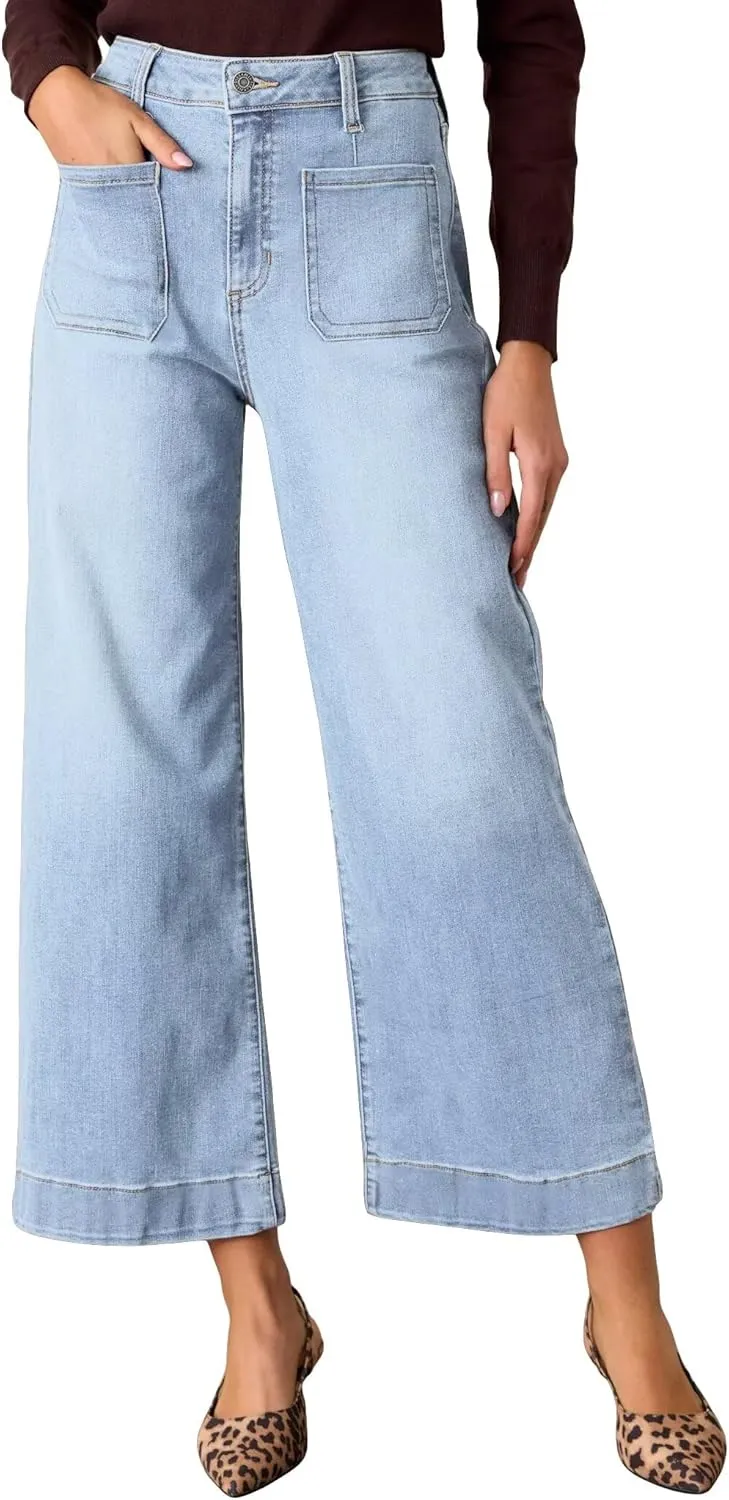 Allimy Women's High Waisted Cropped Wide Leg Jeans Stretchy Loose Denim Pants with Front Patch Pockets