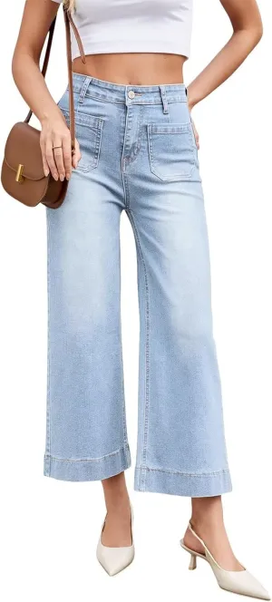 Allimy Women's High Waisted Cropped Wide Leg Jeans Stretchy Loose Denim Pants with Front Patch Pockets