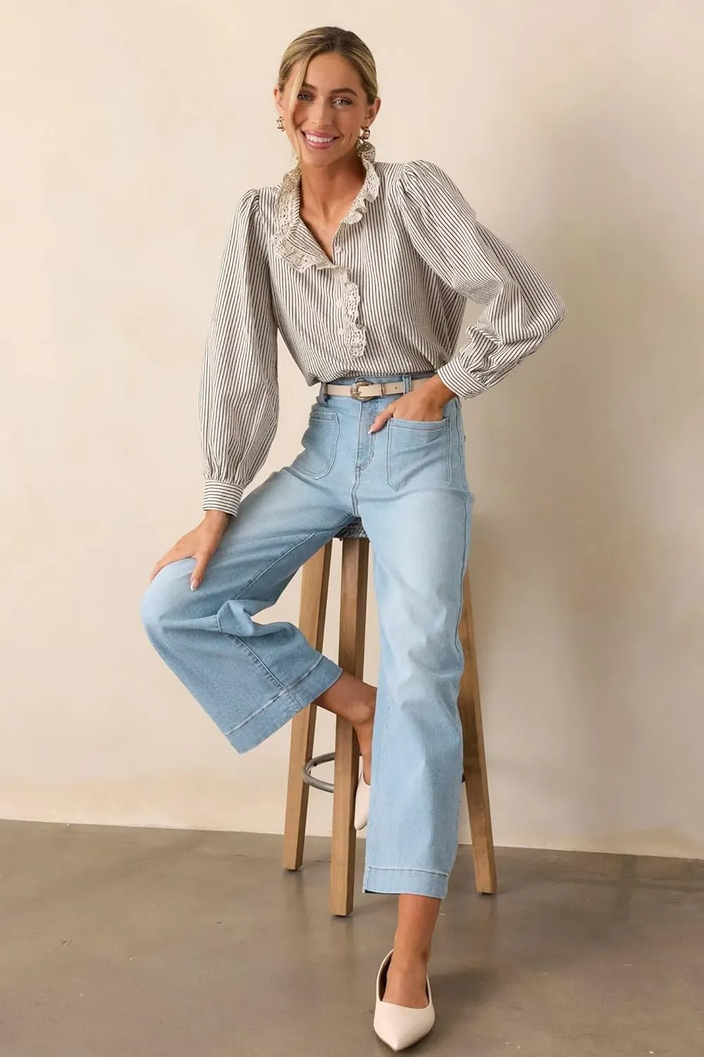 Allimy Women's High Waisted Cropped Wide Leg Jeans Stretchy Loose Denim Pants with Front Patch Pockets