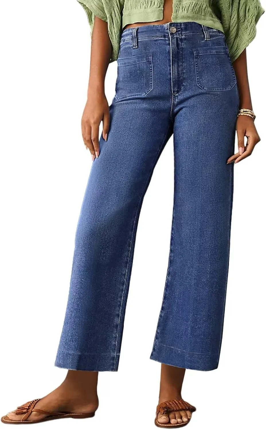 Allimy Women's High Waisted Cropped Wide Leg Jeans Stretchy Loose Denim Pants with Front Patch Pockets
