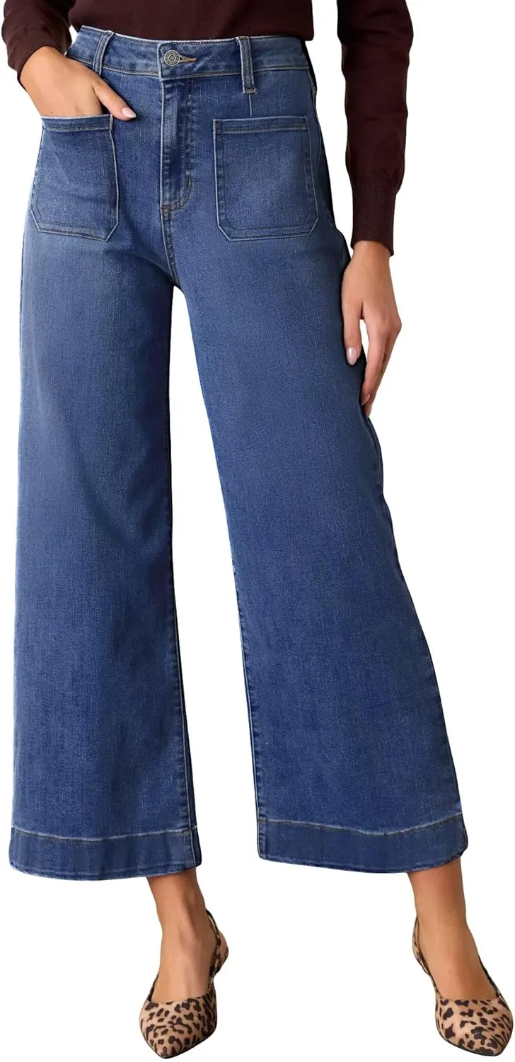 Allimy Women's High Waisted Cropped Wide Leg Jeans Stretchy Loose Denim Pants with Front Patch Pockets
