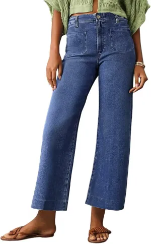Allimy Women's High Waisted Cropped Wide Leg Jeans Stretchy Loose Denim Pants with Front Patch Pockets