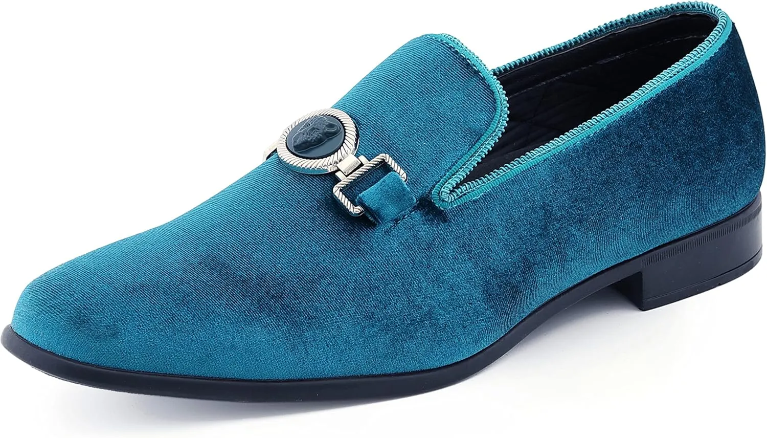 Amali Velvet Slip-On Dress Loafers for Men with Lion Head Piece, Men's Formal Smoking Tuxedo Slippers, Loafer Shoes with Metal Chain Detail