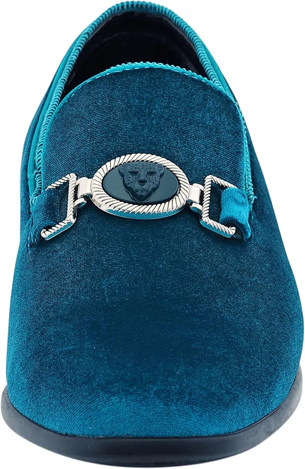 Amali Velvet Slip-On Dress Loafers for Men with Lion Head Piece, Men's Formal Smoking Tuxedo Slippers, Loafer Shoes with Metal Chain Detail