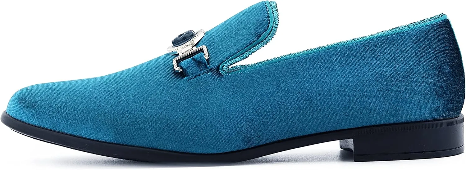 Amali Velvet Slip-On Dress Loafers for Men with Lion Head Piece, Men's Formal Smoking Tuxedo Slippers, Loafer Shoes with Metal Chain Detail