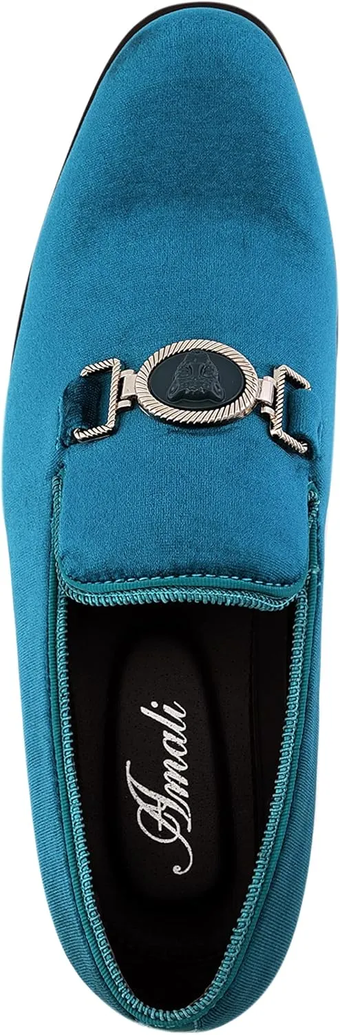Amali Velvet Slip-On Dress Loafers for Men with Lion Head Piece, Men's Formal Smoking Tuxedo Slippers, Loafer Shoes with Metal Chain Detail