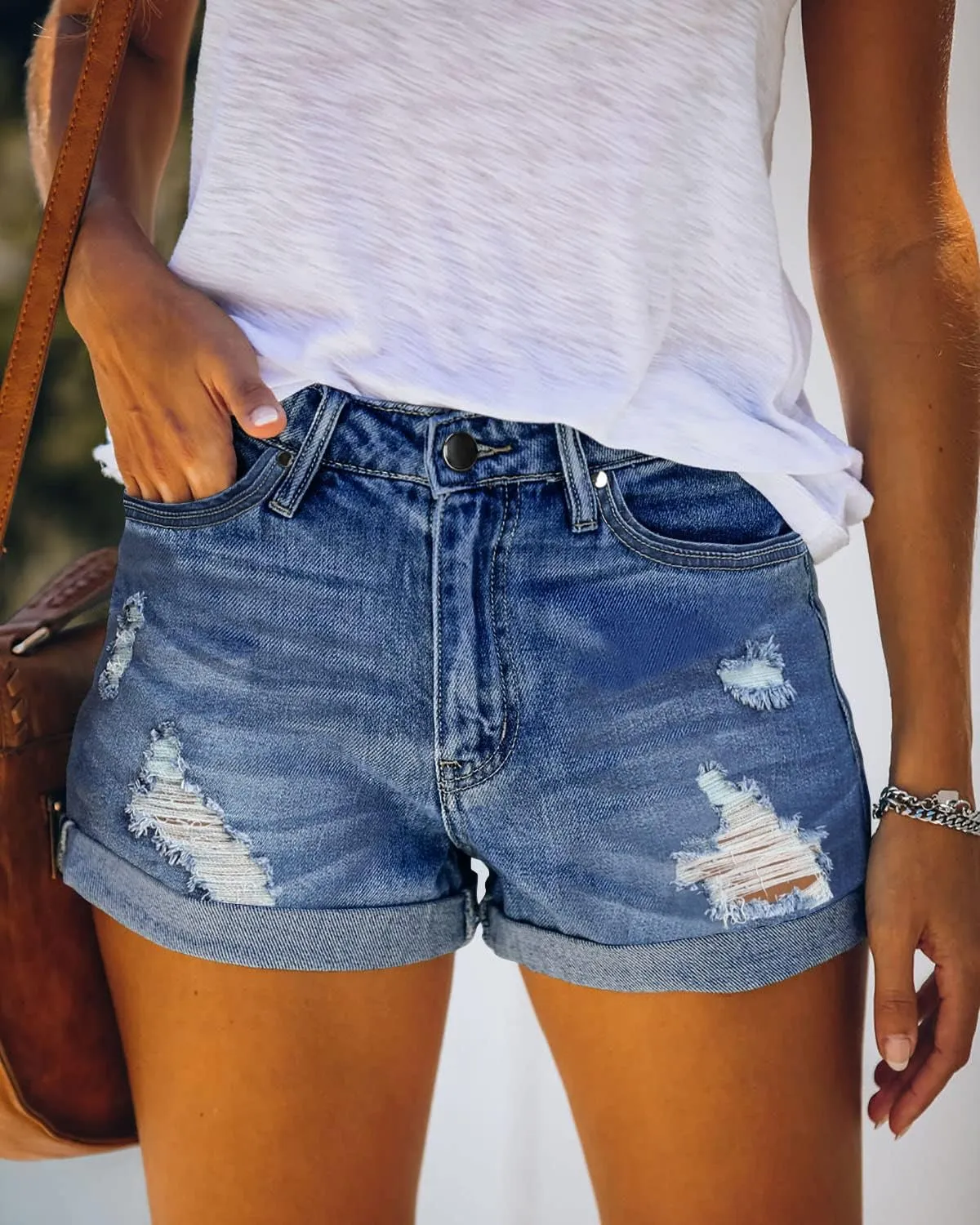 Angerella Denim Shorts for Women Mid Rise Ripped Jean Shorts Stretchy Folded Hem Hot Short Jeans