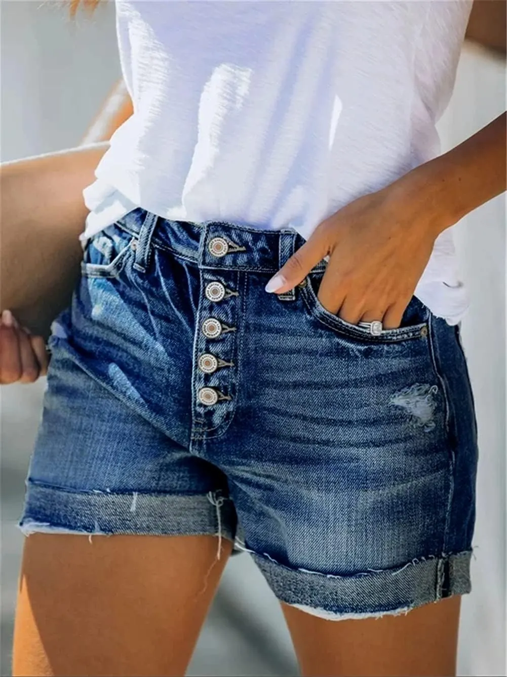 Angerella Denim Shorts for Women Mid Rise Ripped Jean Shorts Stretchy Folded Hem Hot Short Jeans
