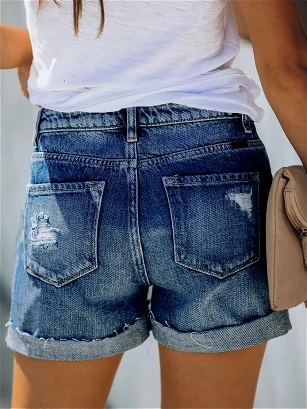 Angerella Denim Shorts for Women Mid Rise Ripped Jean Shorts Stretchy Folded Hem Hot Short Jeans
