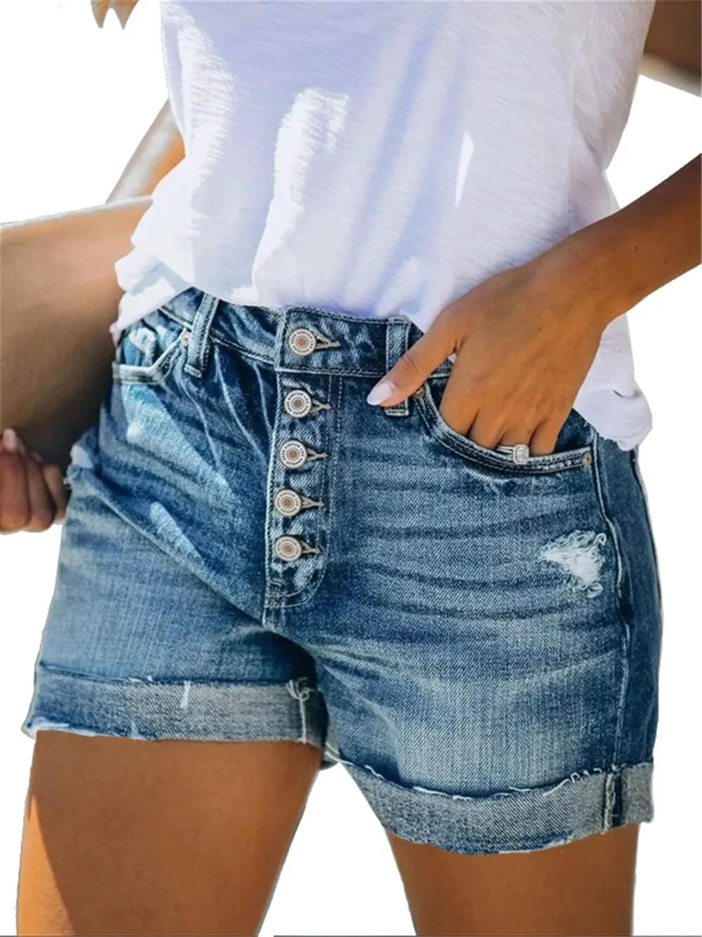 Angerella Denim Shorts for Women Mid Rise Ripped Jean Shorts Stretchy Folded Hem Hot Short Jeans