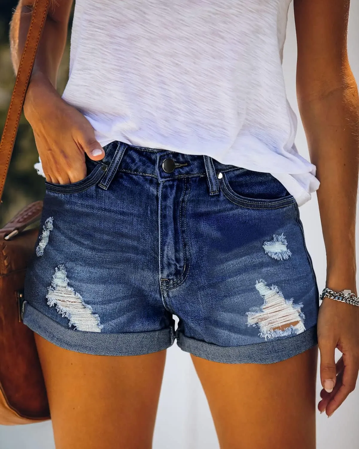Angerella Denim Shorts for Women Mid Rise Ripped Jean Shorts Stretchy Folded Hem Hot Short Jeans