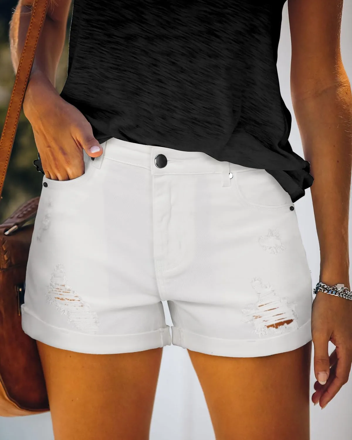 Angerella Denim Shorts for Women Mid Rise Ripped Jean Shorts Stretchy Folded Hem Hot Short Jeans