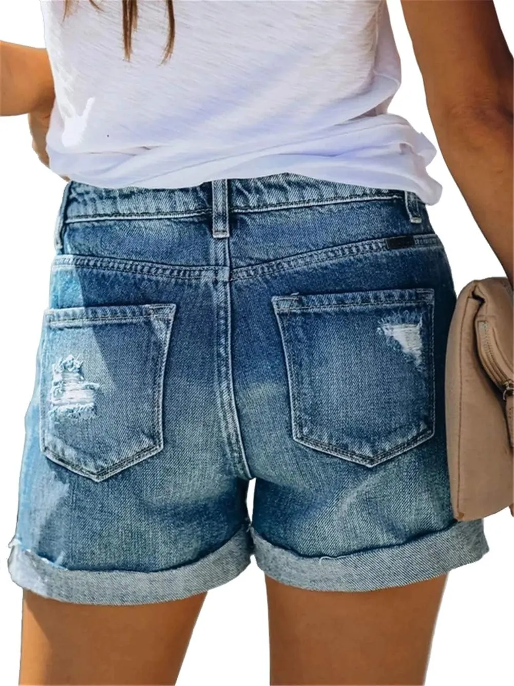 Angerella Denim Shorts for Women Mid Rise Ripped Jean Shorts Stretchy Folded Hem Hot Short Jeans