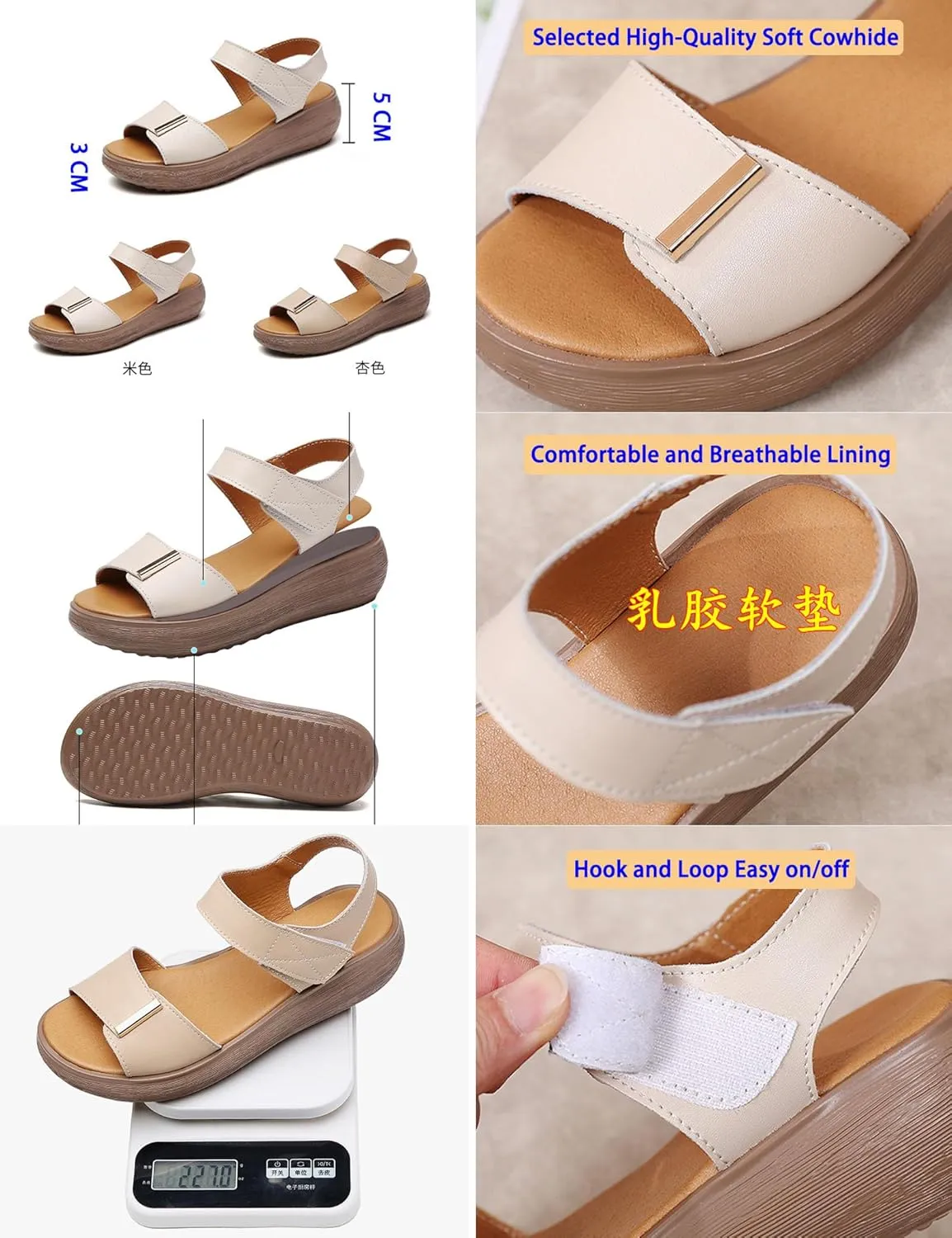 AngryMonkey Women's Open Toe Platform Leather Sandals,Lightweight Comfort Slingback Ankle Strap Stretch Softsole Casual Wedge Sandal