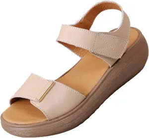 AngryMonkey Women's Open Toe Platform Leather Sandals,Lightweight Comfort Slingback Ankle Strap Stretch Softsole Casual Wedge Sandal