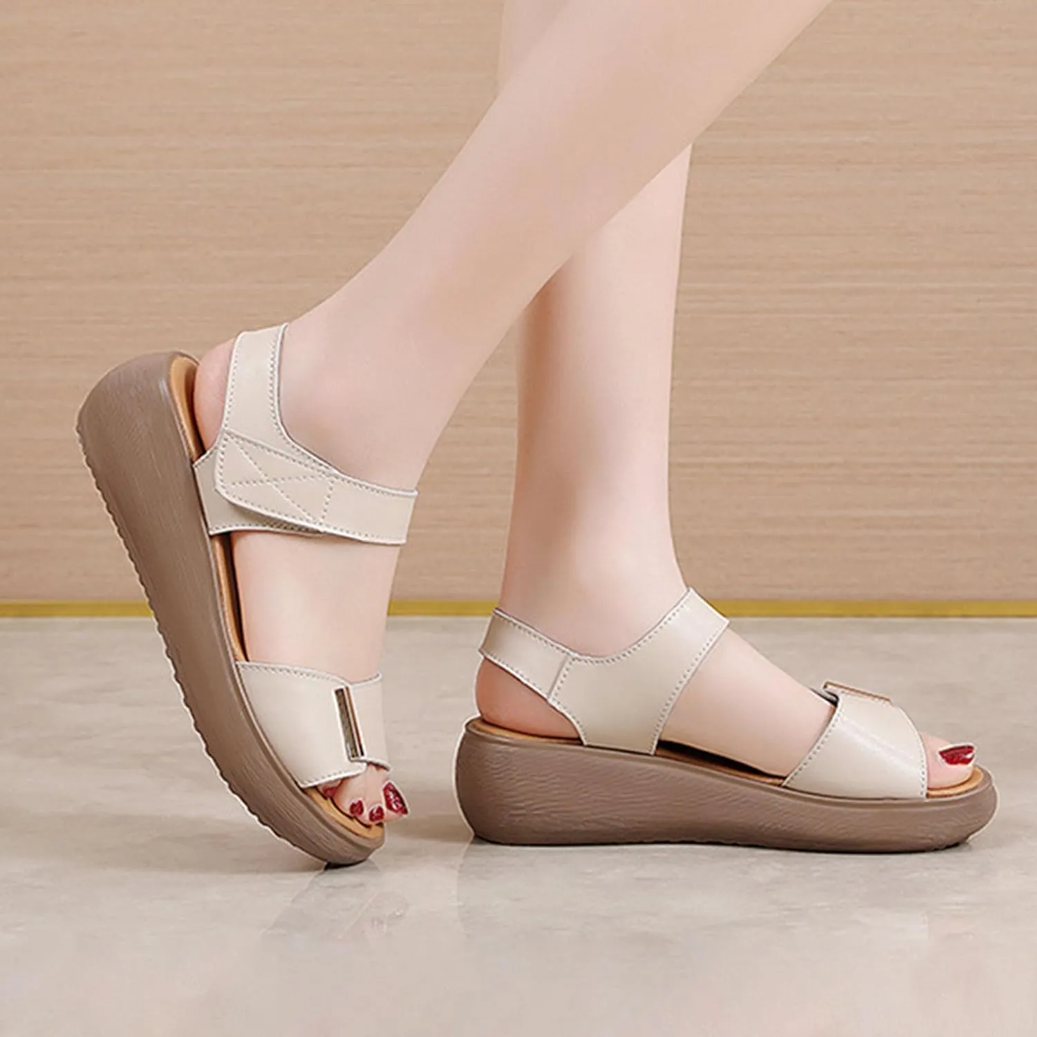 AngryMonkey Women's Open Toe Platform Leather Sandals,Lightweight Comfort Slingback Ankle Strap Stretch Softsole Casual Wedge Sandal