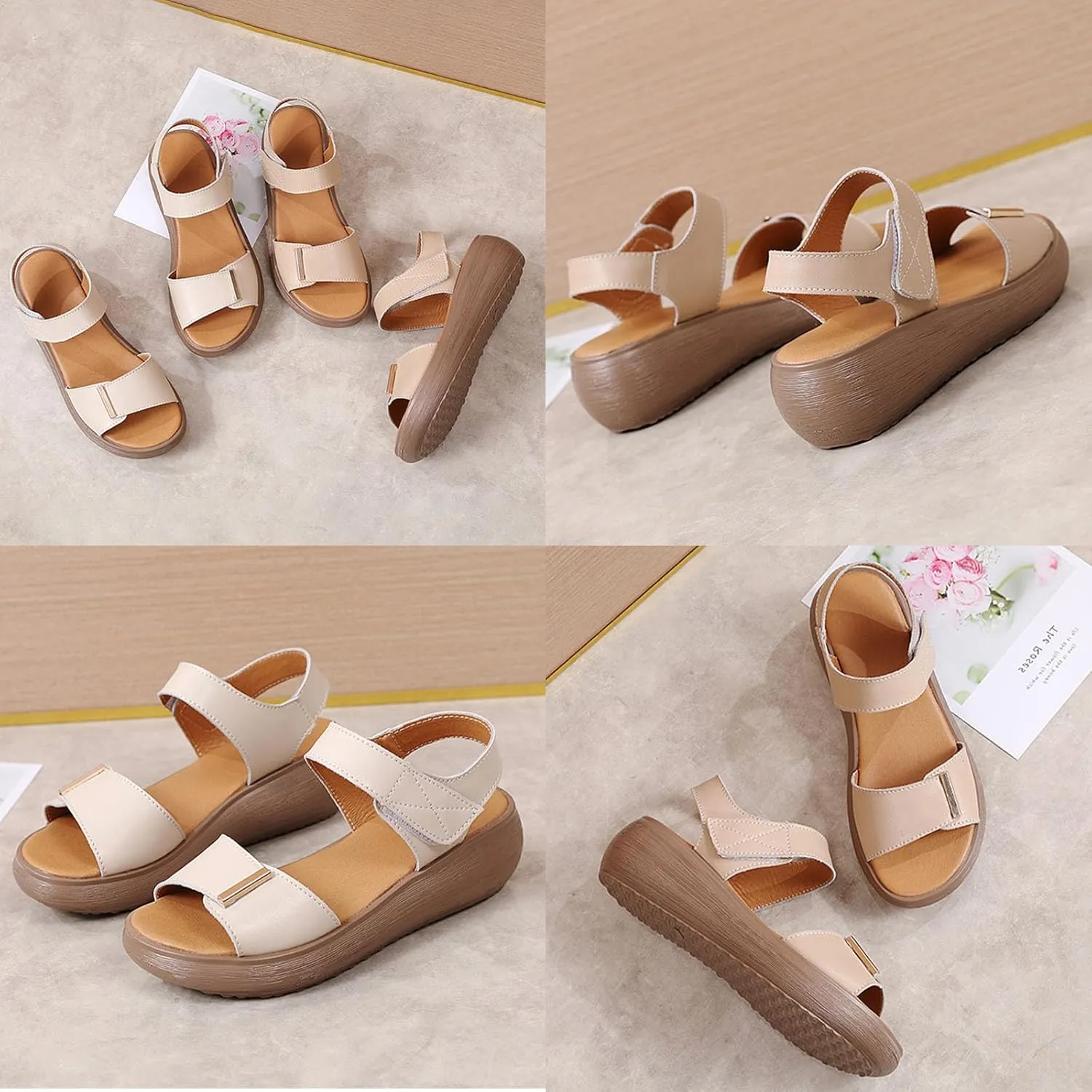 AngryMonkey Women's Open Toe Platform Leather Sandals,Lightweight Comfort Slingback Ankle Strap Stretch Softsole Casual Wedge Sandal
