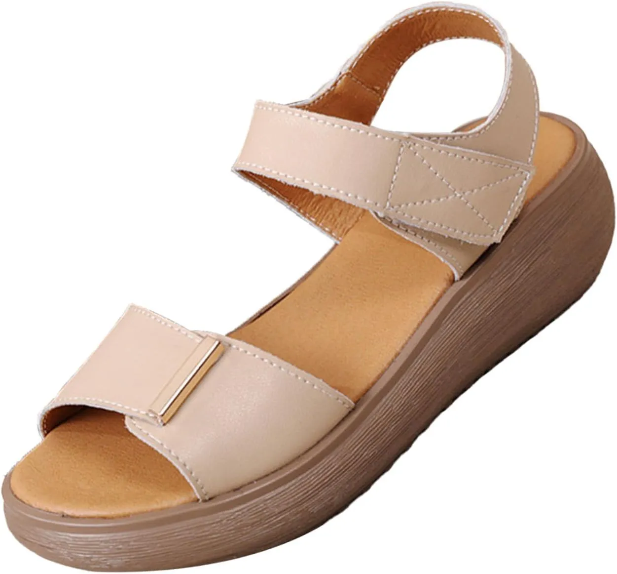 AngryMonkey Women's Open Toe Platform Leather Sandals,Lightweight Comfort Slingback Ankle Strap Stretch Softsole Casual Wedge Sandal