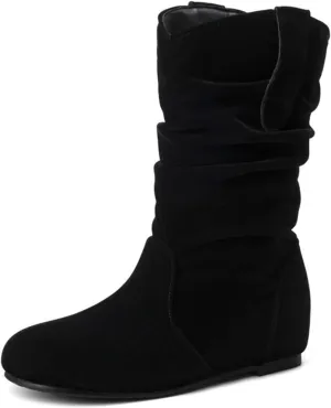 AngryMonkey Women's Wide Width Mid Calf Ankle Boots Flat Heel Slouchy Faux Leather Folds Winter Slip-on Knee High Boots Plus Size Cowgirl boot