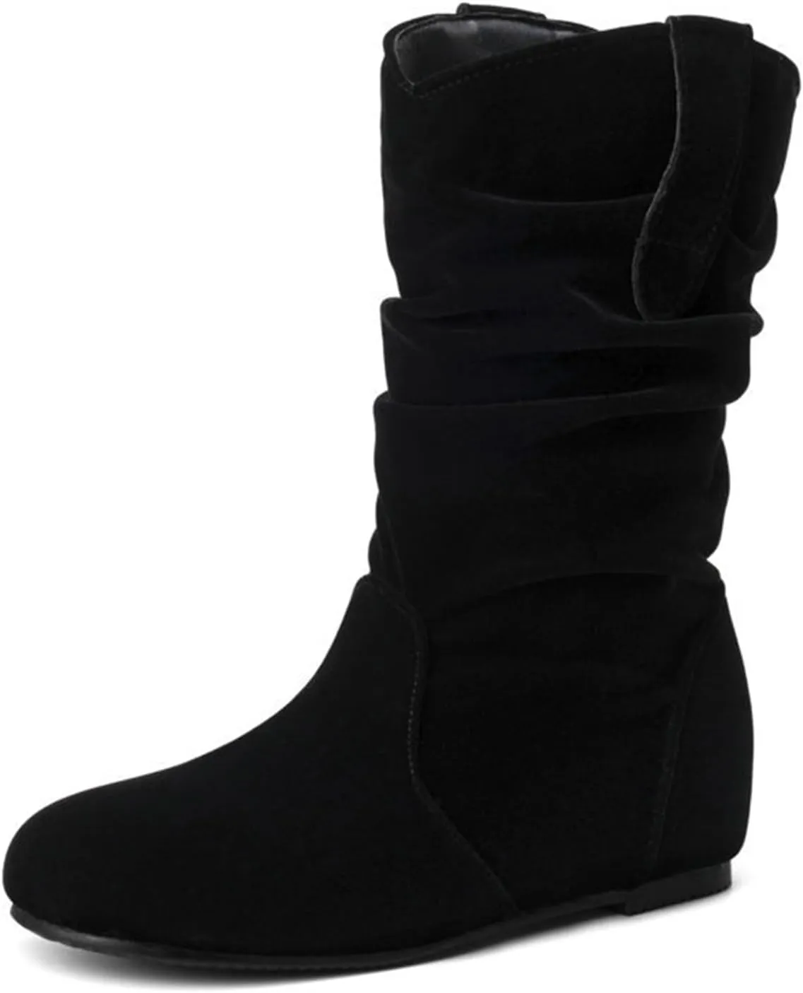 AngryMonkey Women's Wide Width Mid Calf Ankle Boots Flat Heel Slouchy Faux Leather Folds Winter Slip-on Knee High Boots Plus Size Cowgirl boot